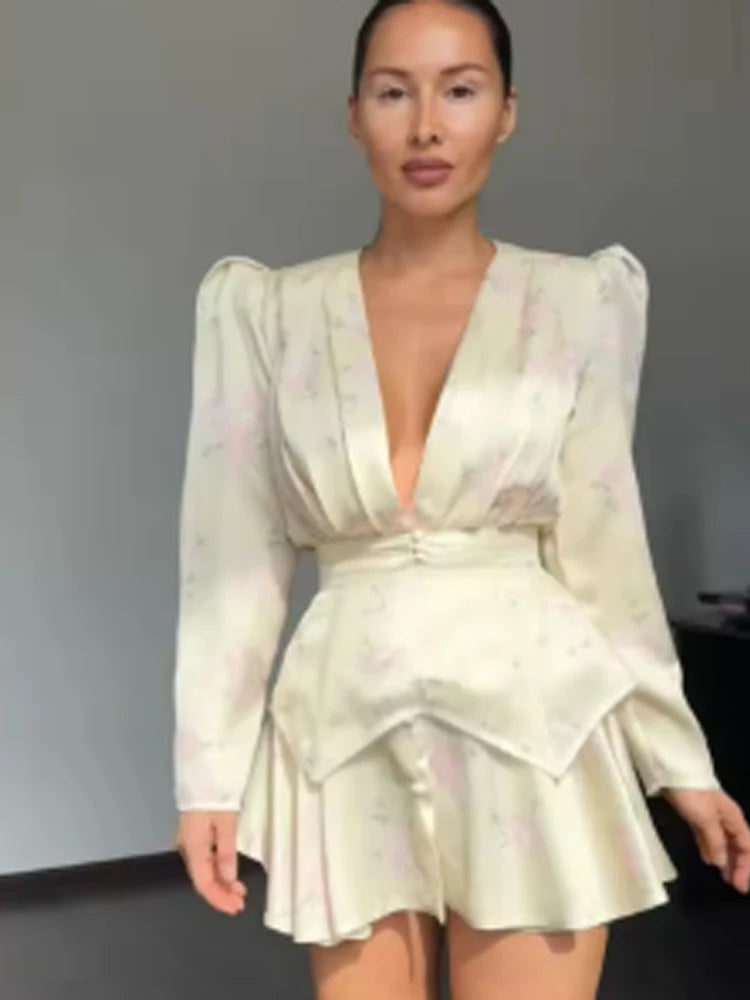 Elegant Floral Printed Waist-cinched Mini Dress Women Pleated Deep V-neck Long Sleeve Button-front Dresses Fashion Party Robe