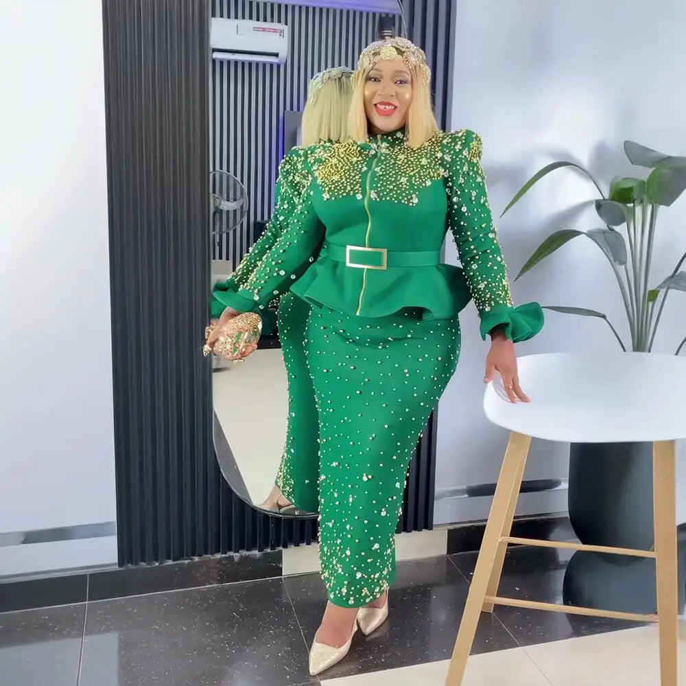 Fashion Suit African Dresses for Woman Rhinestone Turkey Dresses for Women Luxury High Quality Mesh Fabric African Beaded Dress