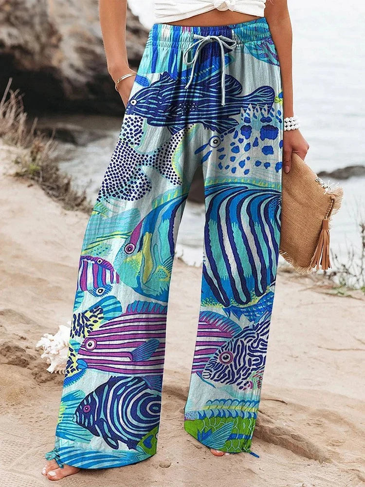 2025 New Women's Drawstring Relaxed-Fit Casual Pants 3D Floral Print Comfortable Breathable Fashionable Wide-Leg Pants