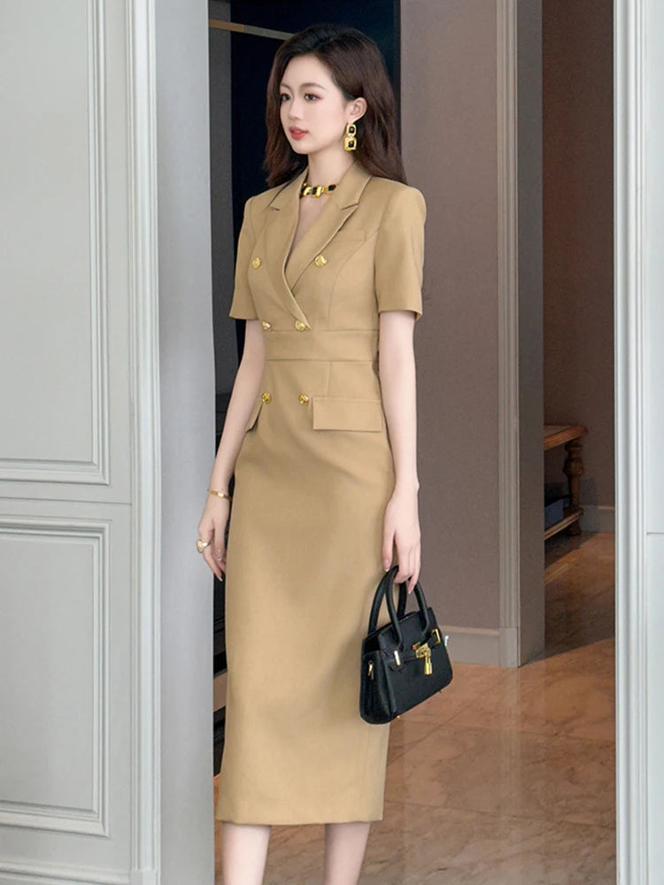 Elegant Office Lady Classic Business Formal Pencil Dress Women Clothes Blazer Commute Short Sleeve High Waist Slim Midi Vestidos