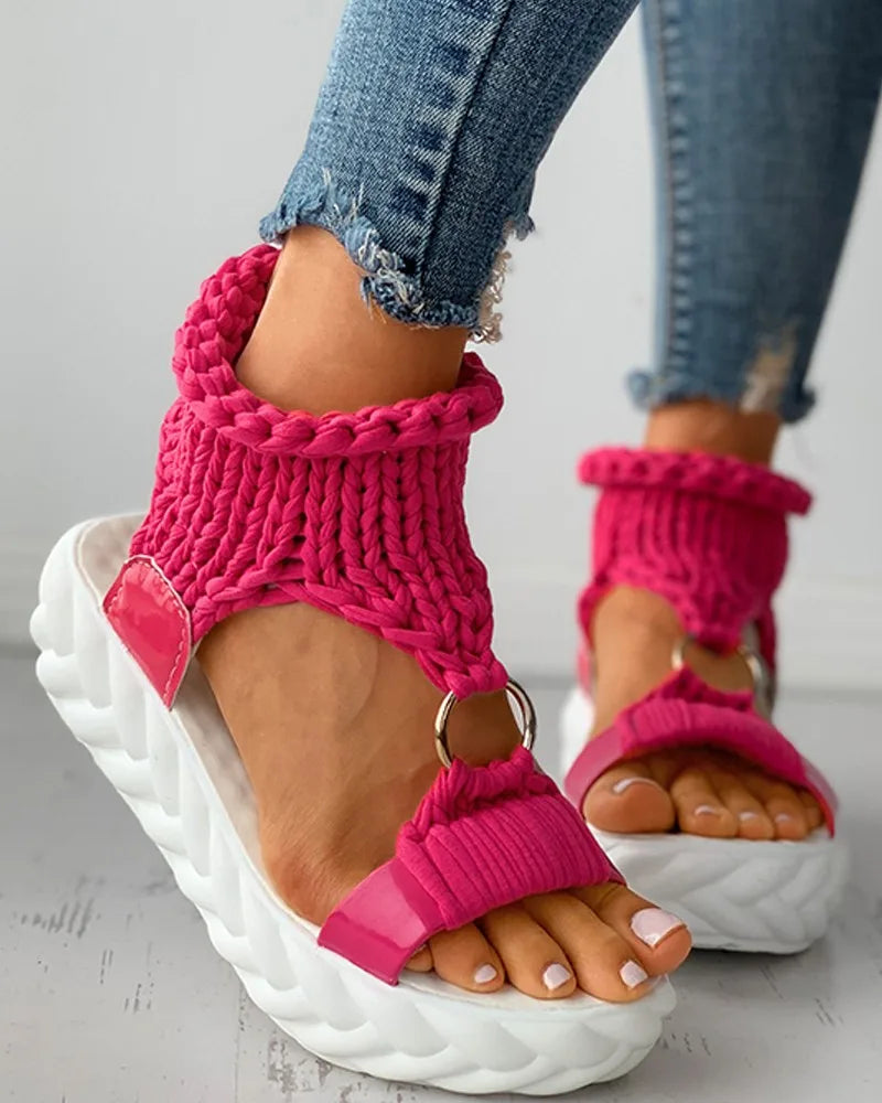 Sandals Women's Braided Knit O-Ring Cutout Platform Summer Gladiator Sandals Shoes Thick Heels Ladies White Sandalias Casual