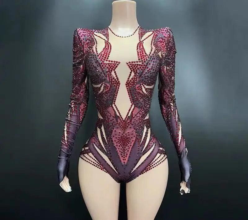 singer's commercial performance, dazzling performance outfit European and American sexy wormhole perspective triangle jumpsuit