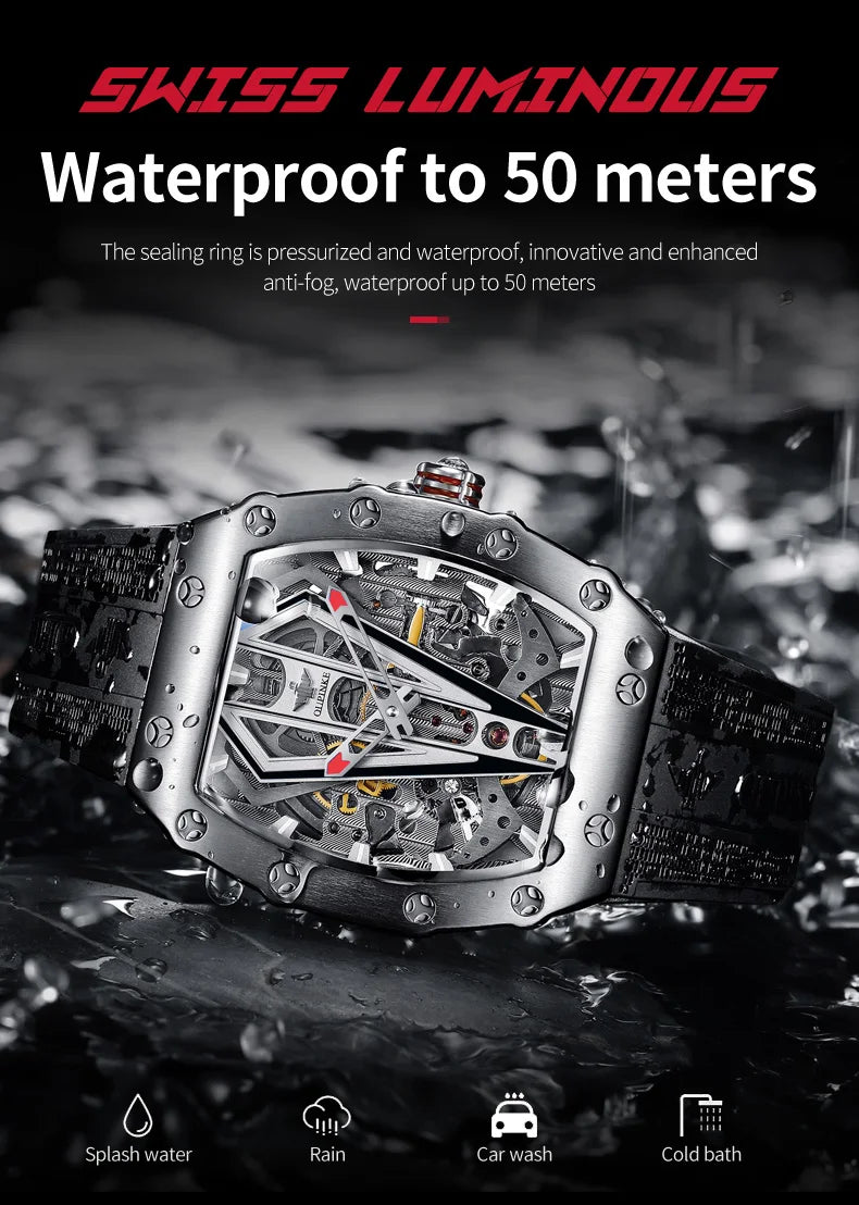 OUPINKE 3179 Automatic Watches for Man Silicone Strap Sapphire Mirror Waterproof Skeleton Tonneau Mechanical Men's Wristwatches