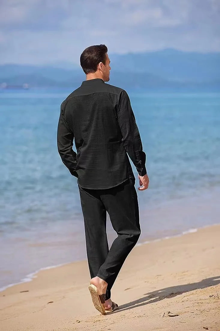 Mens Casual Linen Two Piece Sets 2024 Europe Style Vintage Basic Tops and Solid Pants Suit Male Beach Tracksuits Set