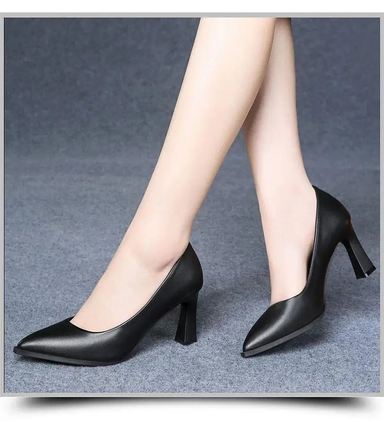 Black Women's Pumps 6-8cm Heel Soft PU Leather Non-slip Single Shoe Professional Interview High Heels Mid Heeled Work Shoes