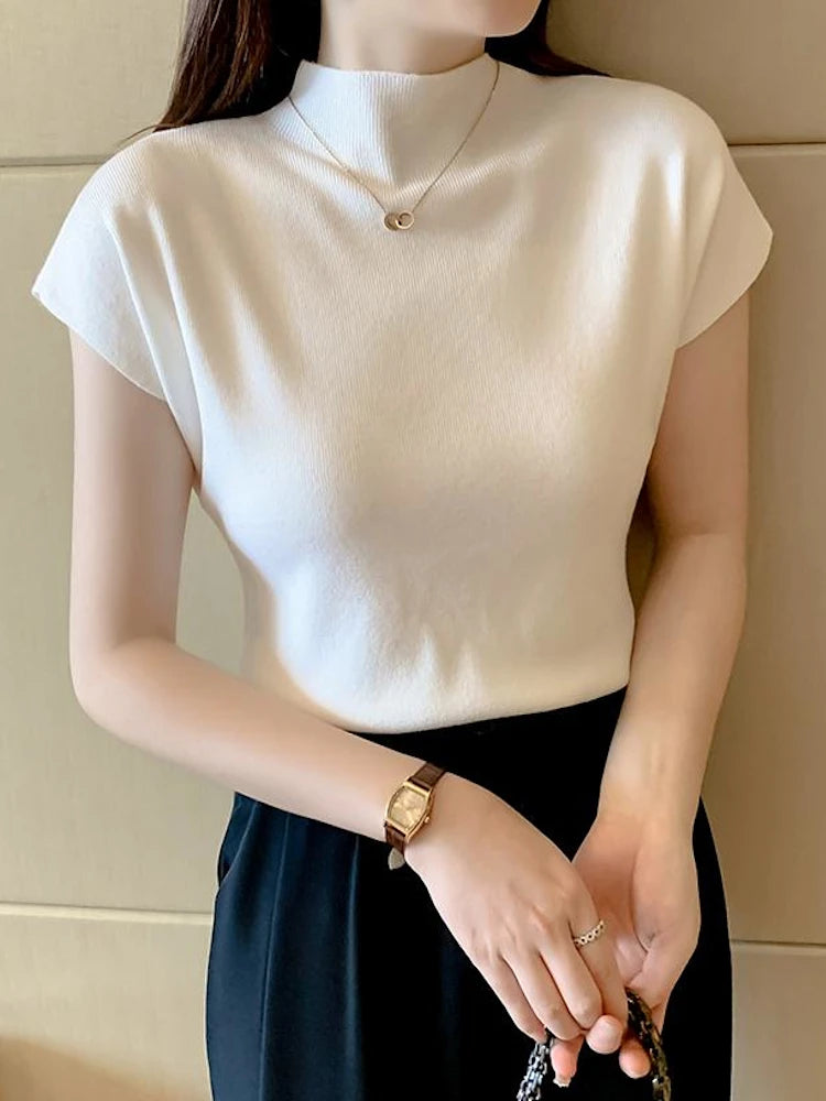 2026 Women Summer Knitted Turtleneck Sleeveless T-Shirts Tops Solid Slim Fit Pullovers Causal Tees Female Streetwear Basics Tees