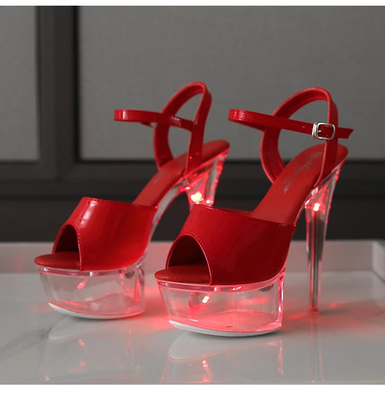 Women's Transparent And Glowing High Heels Red LED Light Up Party Sandals Nightclub Pole Dance Shoes 14.5CM Summer Runway Pumps
