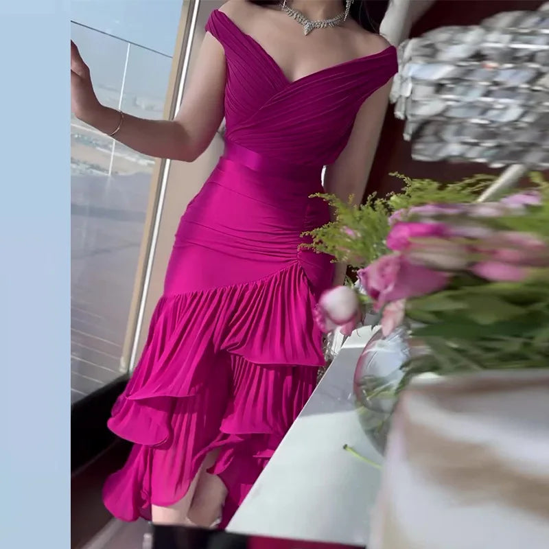 2026 New Women's Sexy Dress Sweet Style Solid High Waist Ruched V-Neck Sleeveless Summer Fashion Ruffle Elegant Party Long Dress
