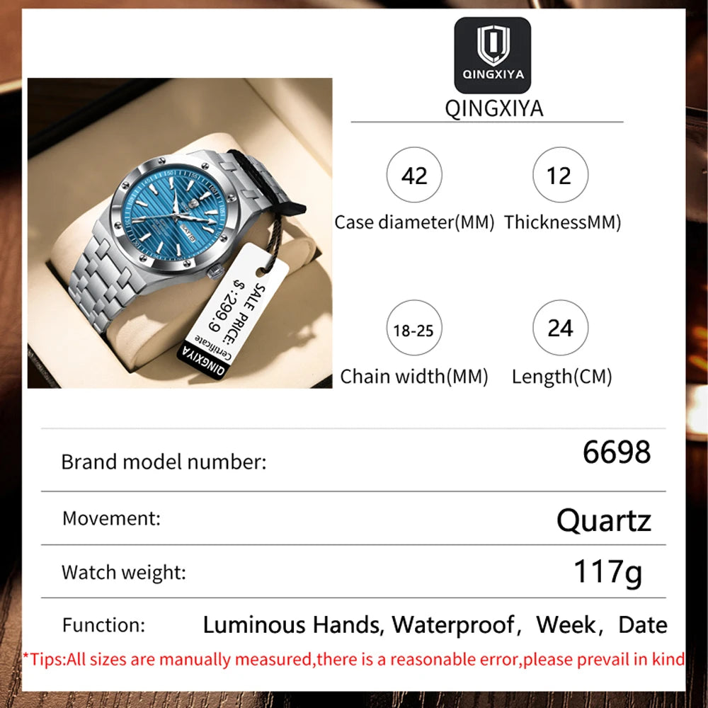QINGXIYA New Mens Quartz Watches Top Brand Luxury Week Date Man Wristwatch Stainless Steel Waterproof Luminous Sports Men Watch