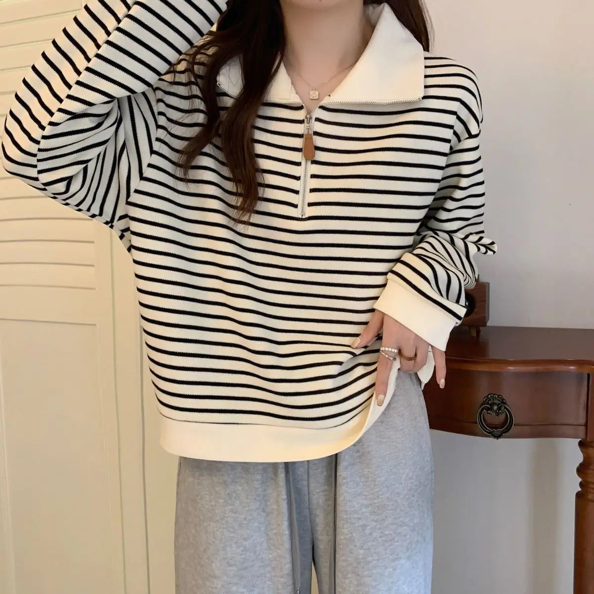 Women Striped Half Zip Sweatshirt Long Sleeve Collared Pullover Casual Fit  Fashion Oversized Streetwear Tops 2026 Tendencias BAZAARHUBO