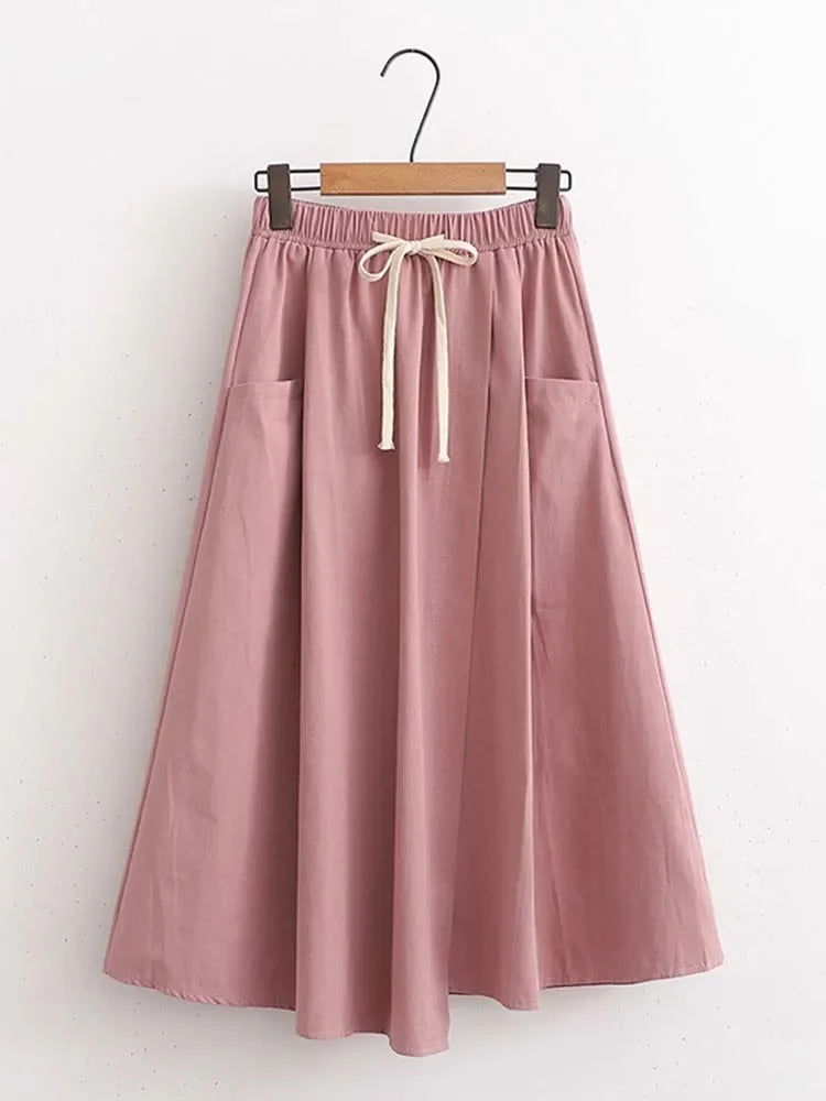 Elegant Vintage Women Skirt Summer Korean Style Solid Elastic High Waist Midi Long Skirt With Belt Female Office Ladies Wear