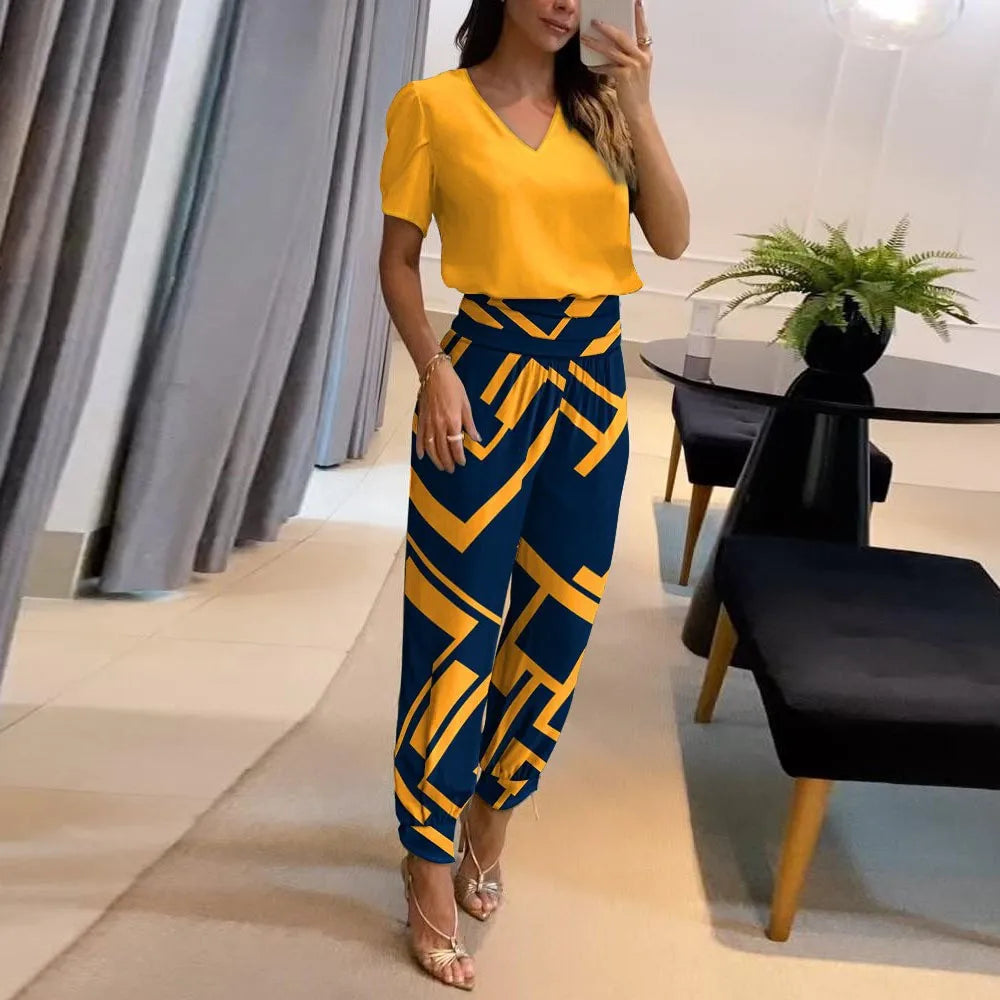 New Women's Summer Tracksuits Pant Sets Fashion Casual V-neck Print Short Sleeve T-shirts and Trousers 2 Piece Sets Women Outfit
