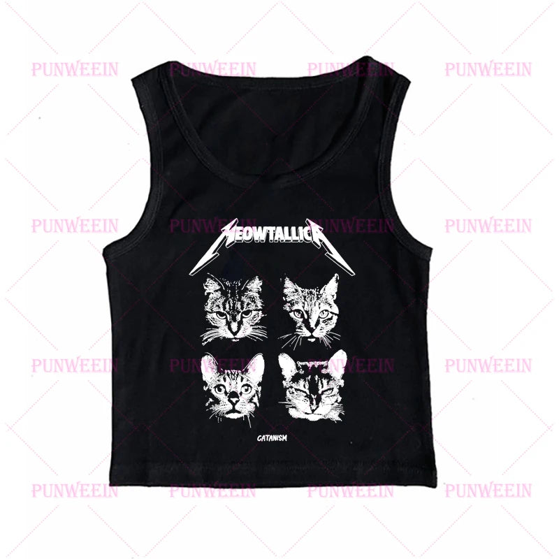 Punk Subculture cat Graphic print vibe Women Slim crop top Gothic band Vintage Baby Tees Sexy vest 90s Y2k vibe Style Streetwear
