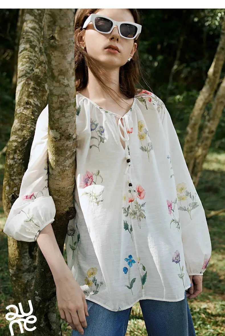 TOYOUTH Women Blouse Shirt 2025 Spring New Linen Floral Printed Velvet Casual Pullover Tops BAZAARHUBO