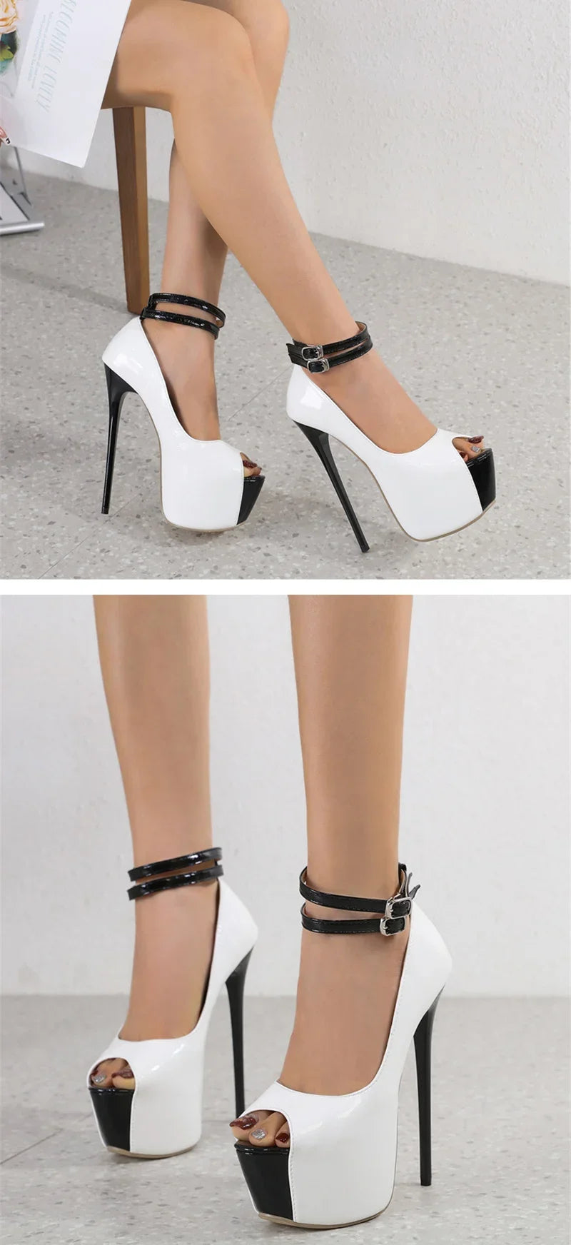 Fashion Design Double Buckle Strap Platform Sandals Women Pumps Sexy Peep Toe 16.5CM Super High Heels Stripper Shoes White