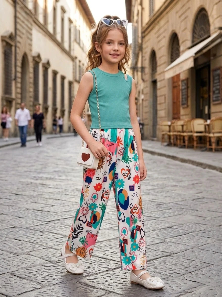 Teen Girls Summer Clothes Set Fashion Ribbed Top & Tropical Wide Leg Pants 2PCS Kids Streetwear Outfits for Party 5-14 Y