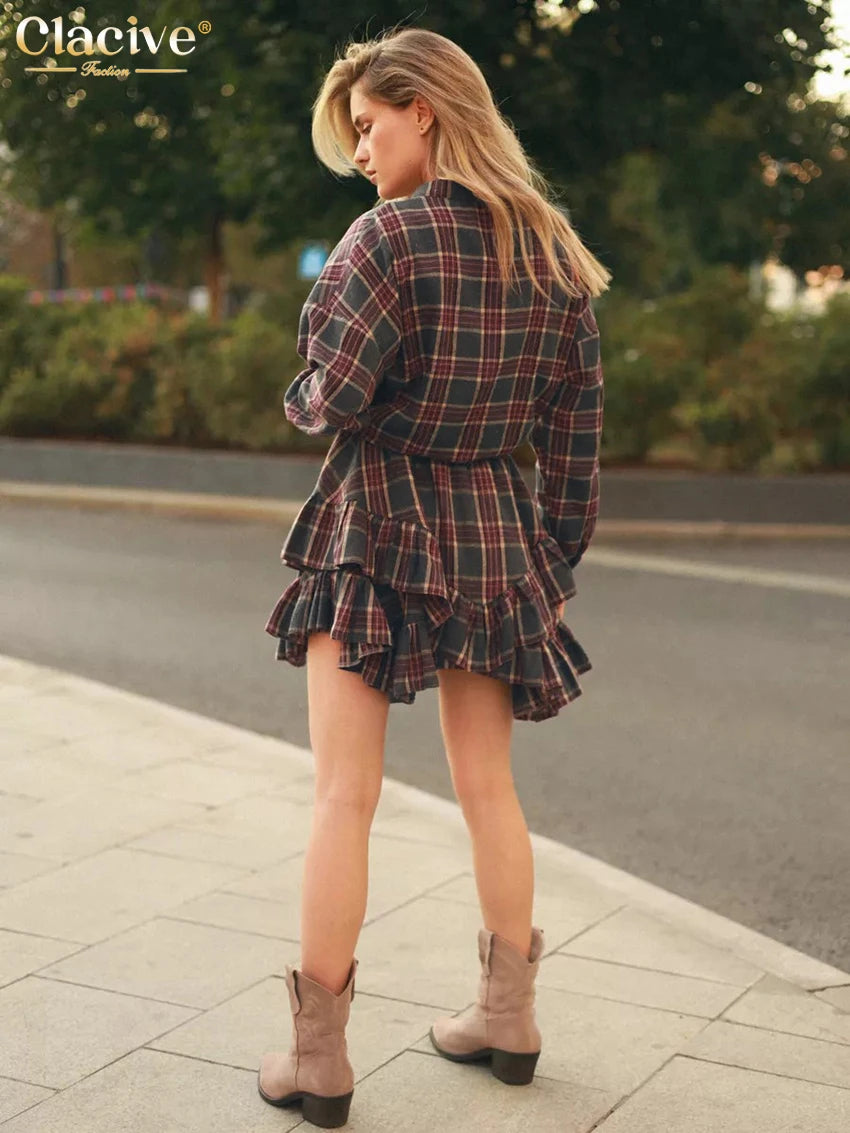 Clacive Fashion Loose Plaid 2 Piece Sets Women Outfit 2025 Elegant Long Sleeve Blouse With High Waist Pleated Mini Skirt Set