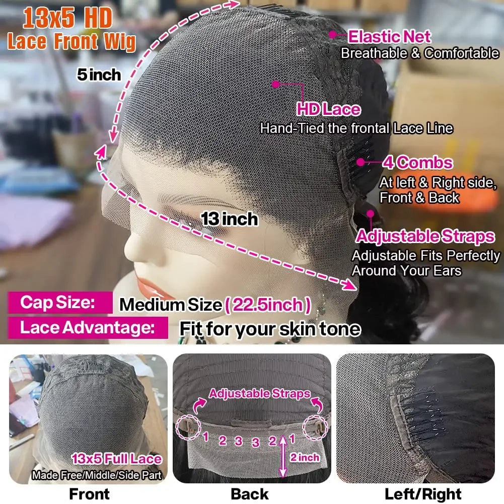 Princess Deep Wave 13X5 Lace Frontal Wigs For Women Brazilian Human Hair Wig Transparent Lace Pre plucked Natural Black Color