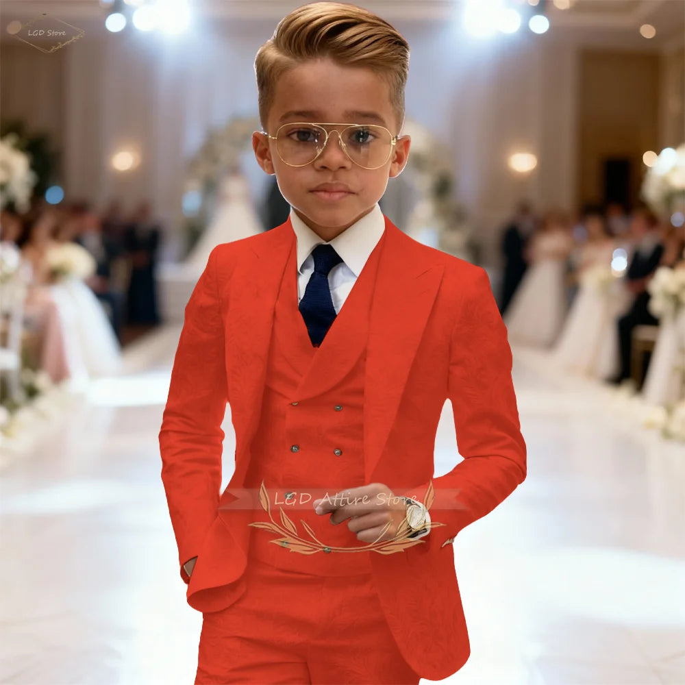 Kids Boys 3 Piece Intricate Jacquard Texture Blazer Suit Vest Trousers Elegant Gentleman Wedding Ceremony Formal Dress