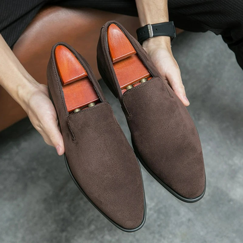 Men's Shoes Suede Leather Shoes Fashion Business Office Dress Shoes Brown Slip on Casual Shoe Red Sole Pointed Toe Male Loafers