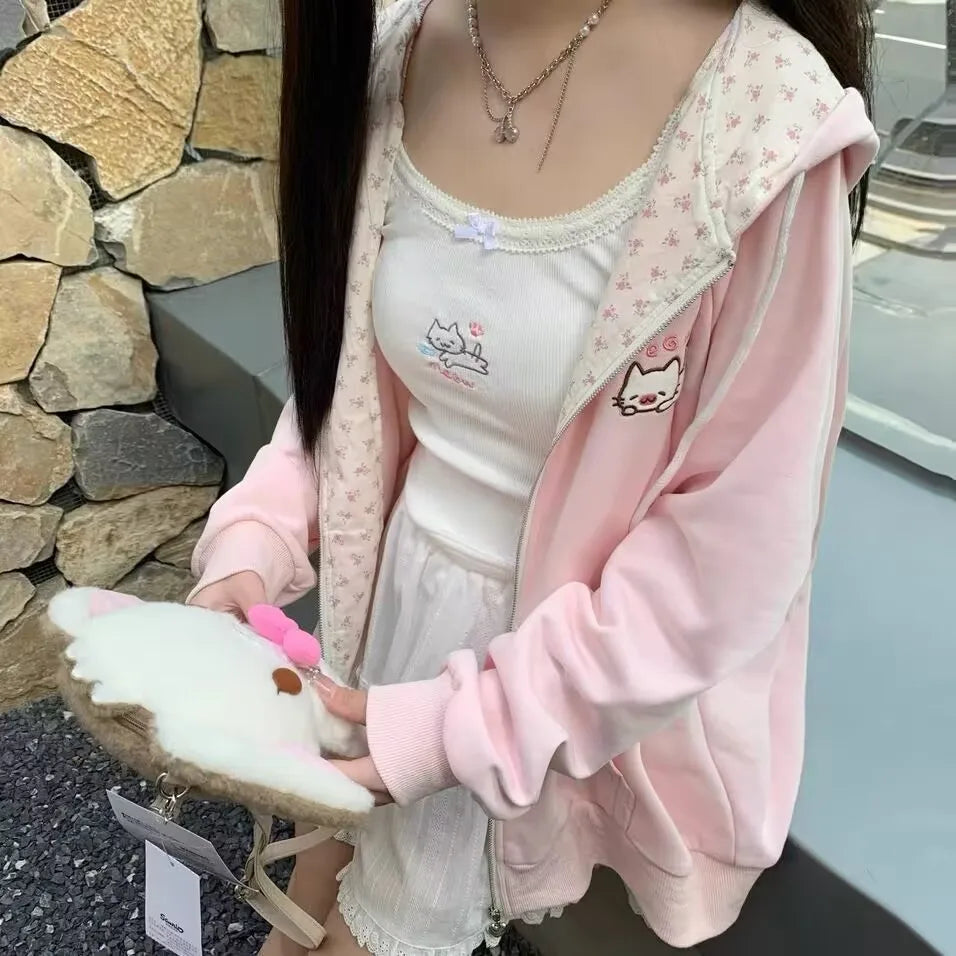 Harajuku Korean  Kawaii Hooded Coat Women Thin Long Sleeve Zipper Cardigan Y2K Streetwear New Mid-length Loose Jackets