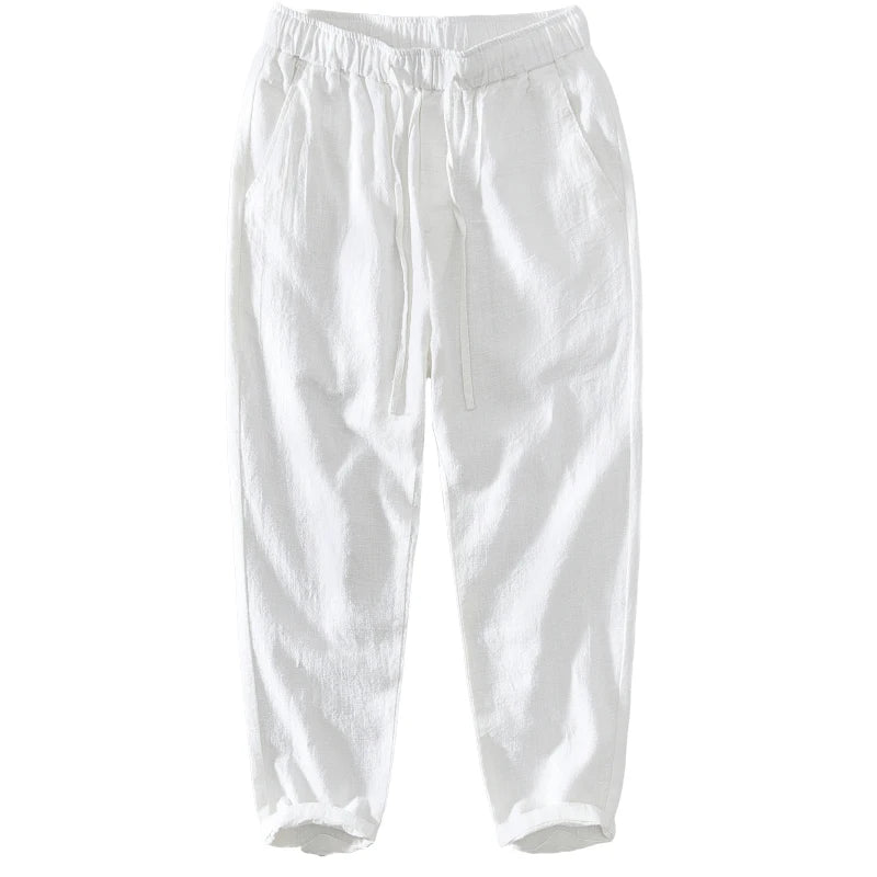 Summer Thin Cotton Linen Straight Leg Casual Pants Men's Loose Fit Drawstring Elastic Waist Nine Point Pants Breathable Youth...