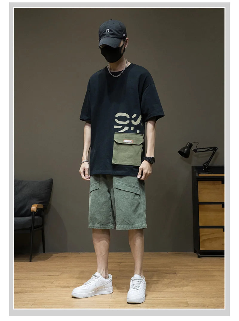 Summer Men's Short Sleeve Letter Printed T-shirt With Cargo Pocket Casual Cotton O-Neck Tops Y2K Streetwear Oversized Tee Shirts