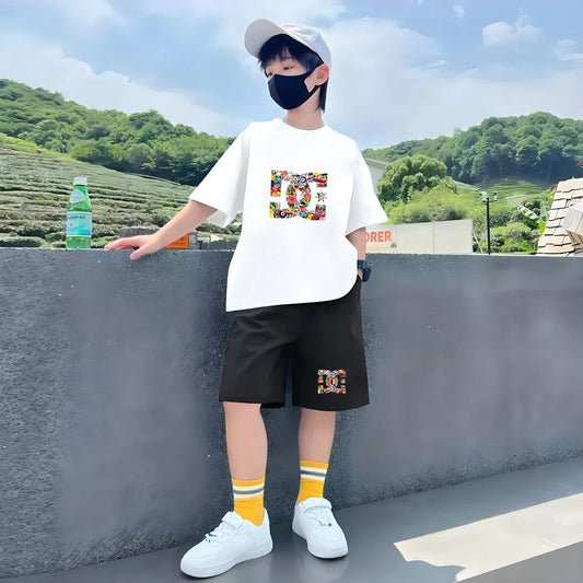 Kids Summer T-Shirt Sets Girls White Boy Black red Casual TShirt+Shorts Printed Kids Outfits Teen Children's loose Short Sleeve