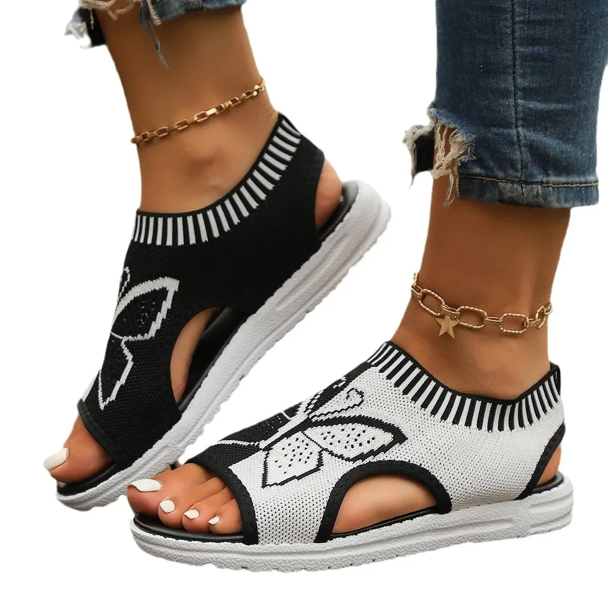 Women Sandals Summer Casual Peep Toe Sandals Mesh Fashion Wedges Butterfly Non Slip Outdoor Breath Sport Sandals Sneakers