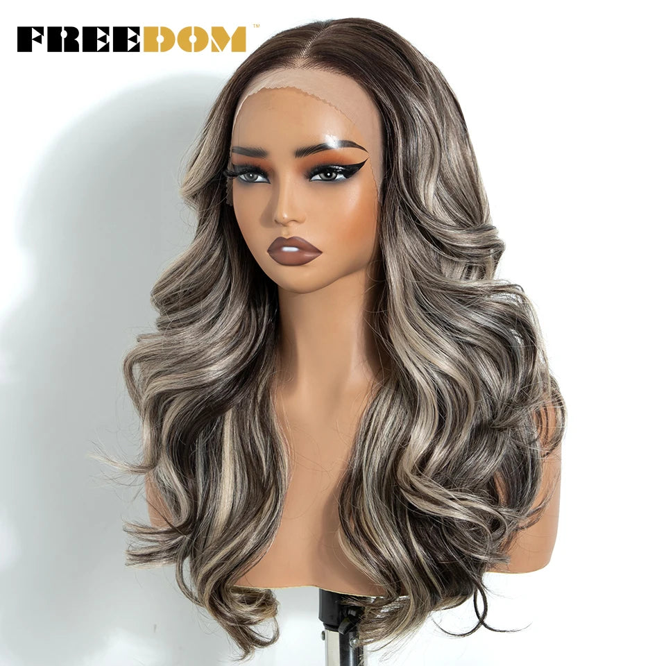 FREEDOM Synthetic Lace Front Wigs For Black Women 13x4 Free Part Body Wave Lace Wig 20 Inch Ombre Brown Highlight Cosplay Wigs