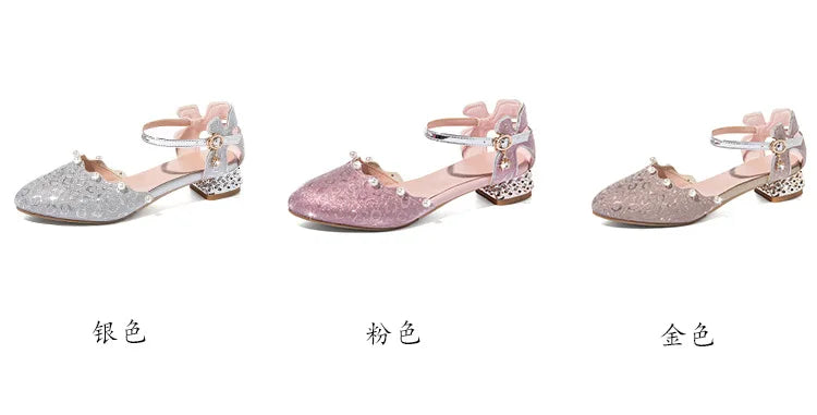 Princess Kids Leather Shoes Girls Sandal Sweet Pearl Casual Glitter Children High Heels Girls Party Dance Shoes Pink Gold Silver