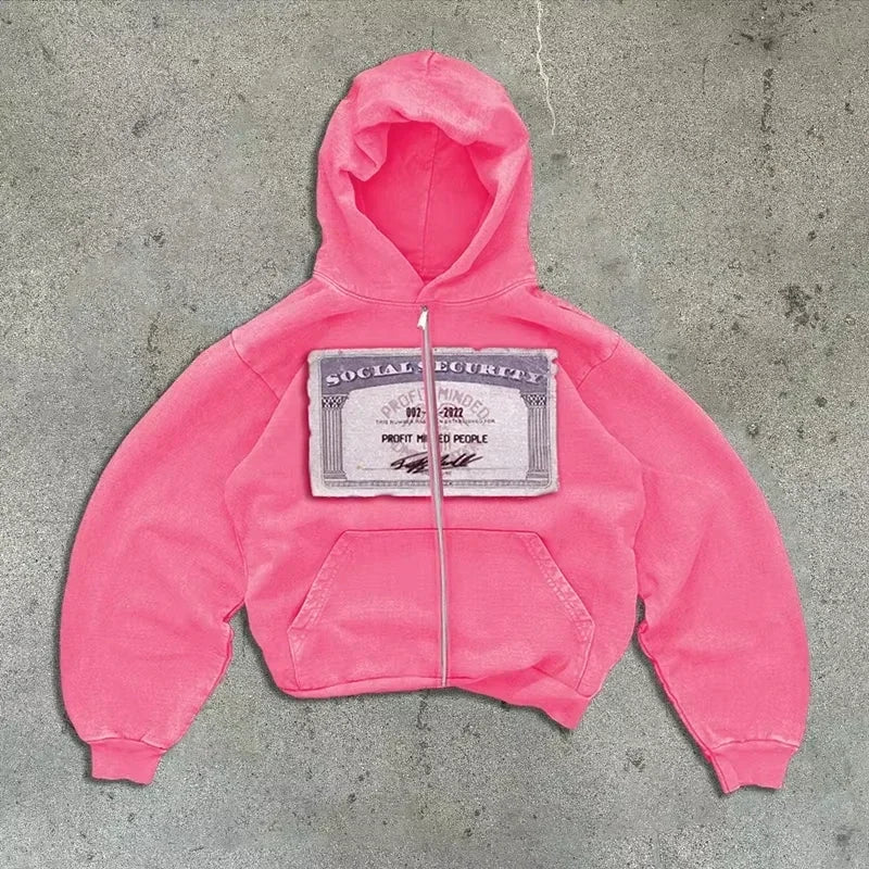 American Fashion Hip Hop Letter Embroidered Zipper Hoodie Men Street Y2K New Casual Loose Fleece Padded Sweatshirt Unisex Hoodie