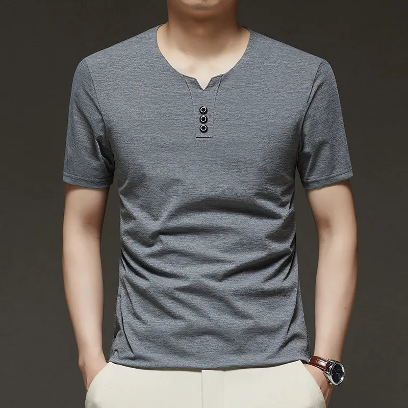 2025 New Men's Business Casual Three Button V-neck Short Sleeved T-shirt Korean Style Summer Comfortable Versatile Top