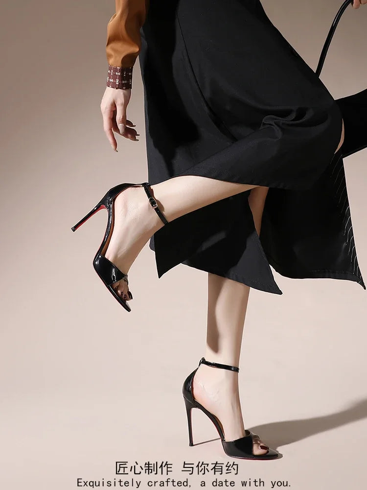 Summer new nude high heels for women, slim heels, stunning princess style, one button sandals with skirt 33-46