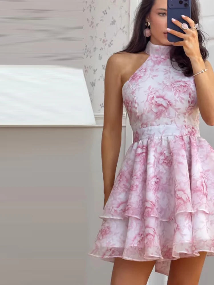 Printed Halter Ruffles Short Dress Women Glamorous Sleeveless Backless Lace Up Party Evening Dresses Chic Ladies Ball Gown New