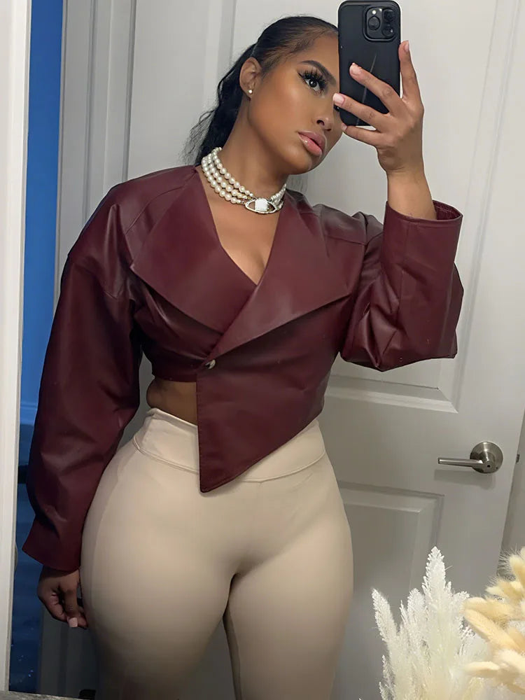 Weird Puss Faux Leather Crop Jacket Women Cross Neck Hipster Single Button Irregular Fall Trend Wild Basic Sexy Streetwear Coat
