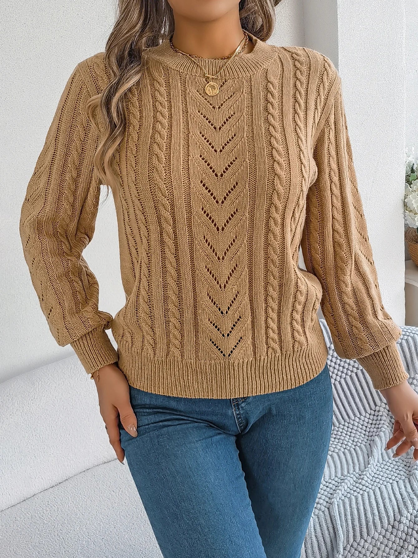 Autumn and Winter Casual Solid Color O-Neck Hollow Out Long Sleeved Pullover Sweater BAZAARHUBO