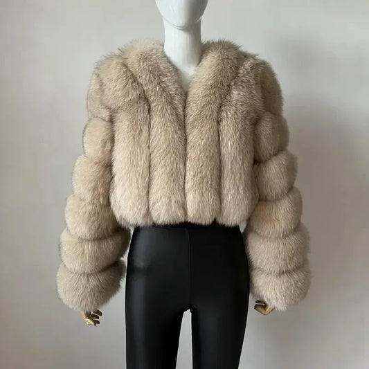 Faux Fox Fur V-Neck Long Coat