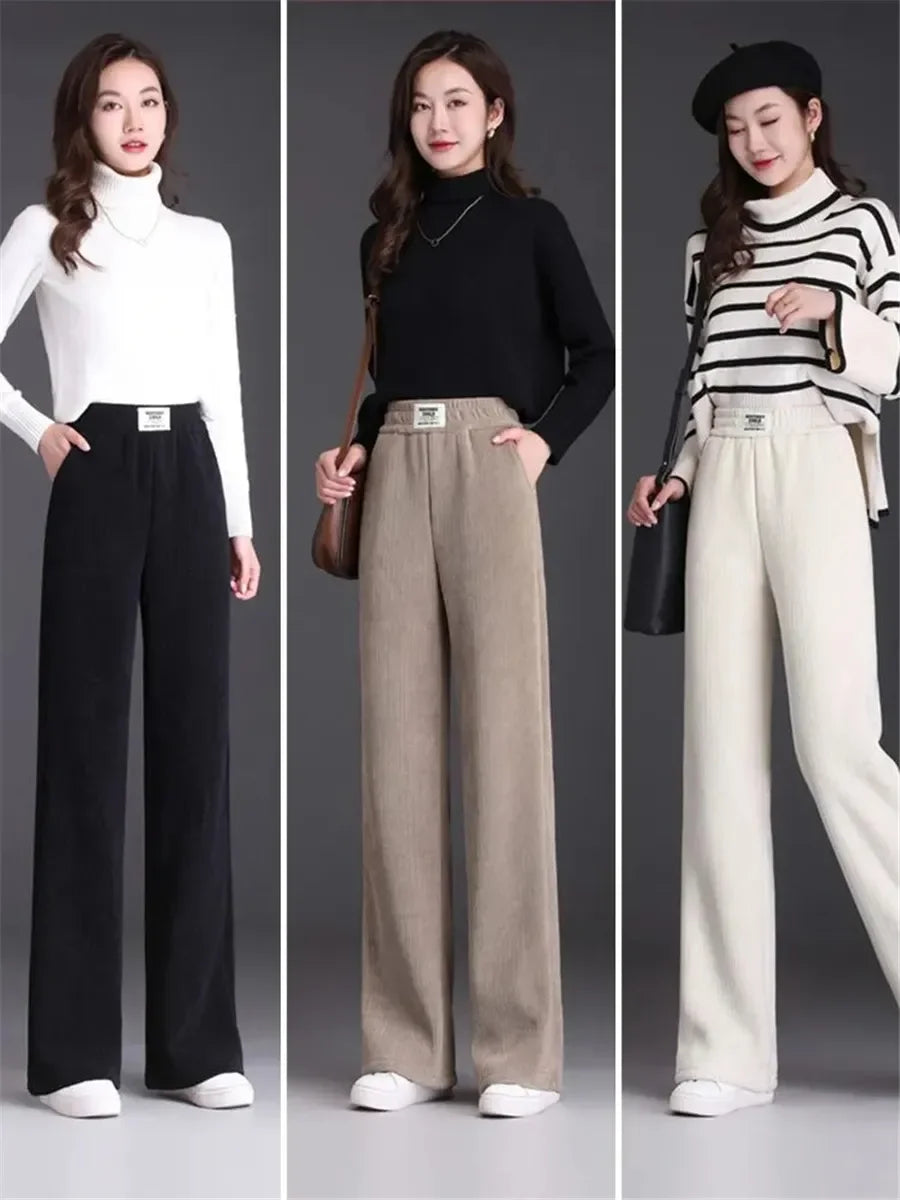 Thin/Thick Winter Lined Wide Leg Pants CasualThicken Warm Baggy Sweatpants Women HighWaist Korean Lamb Fluff Straight Pantalones