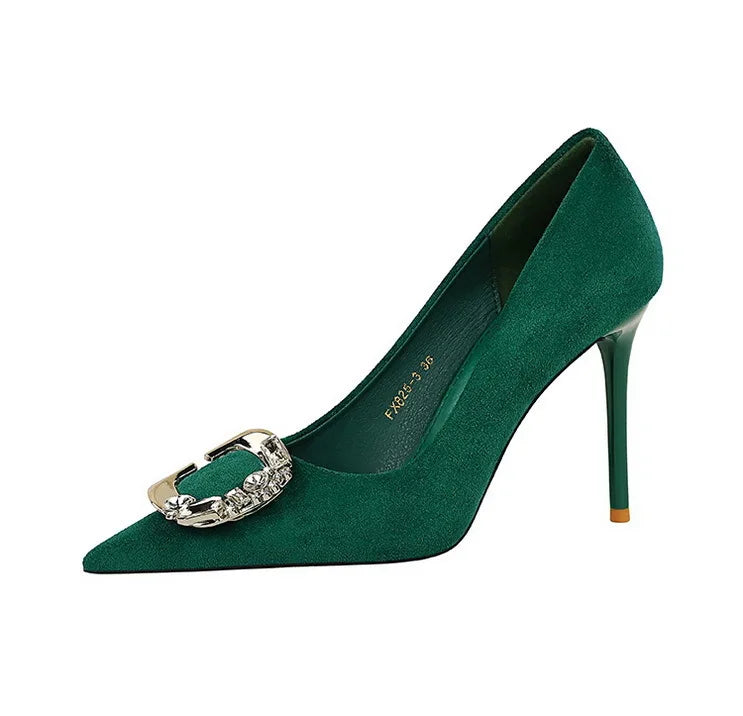 BIGTREE Shoes Metal Rhinestone Belt Buckle Women Pumps Suede High Heels Luxury Banquet Shoes Sexy Party Shoes Women Stilettos