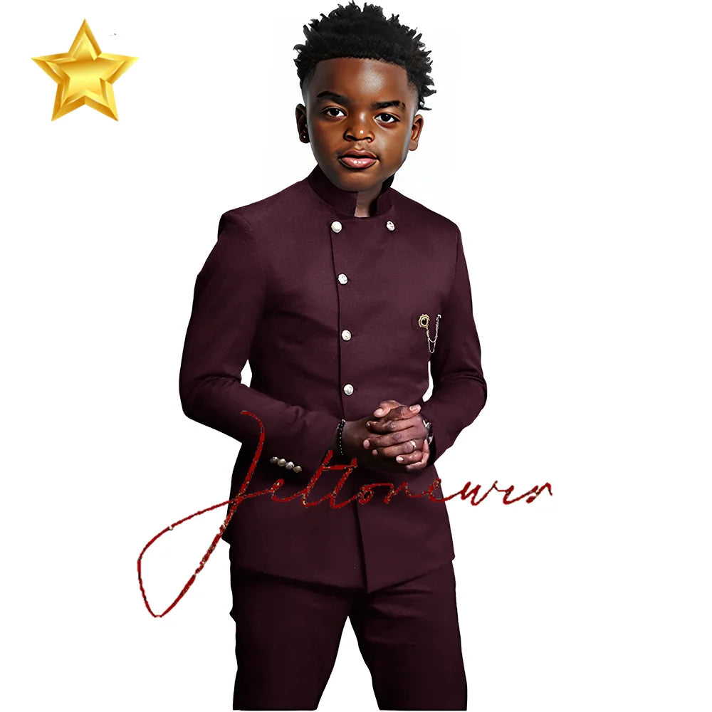 Elegant African Style Boy's Suit Stand Collar Blazer and Pants 2 Piece Casual Business Kids Wear