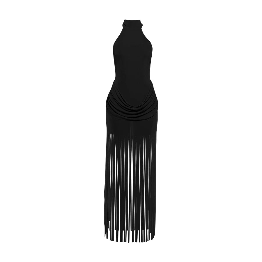 Weird Puss Velvet Halter Dress Women Ruched Patchwork Tassel Hem Backless Bodycon