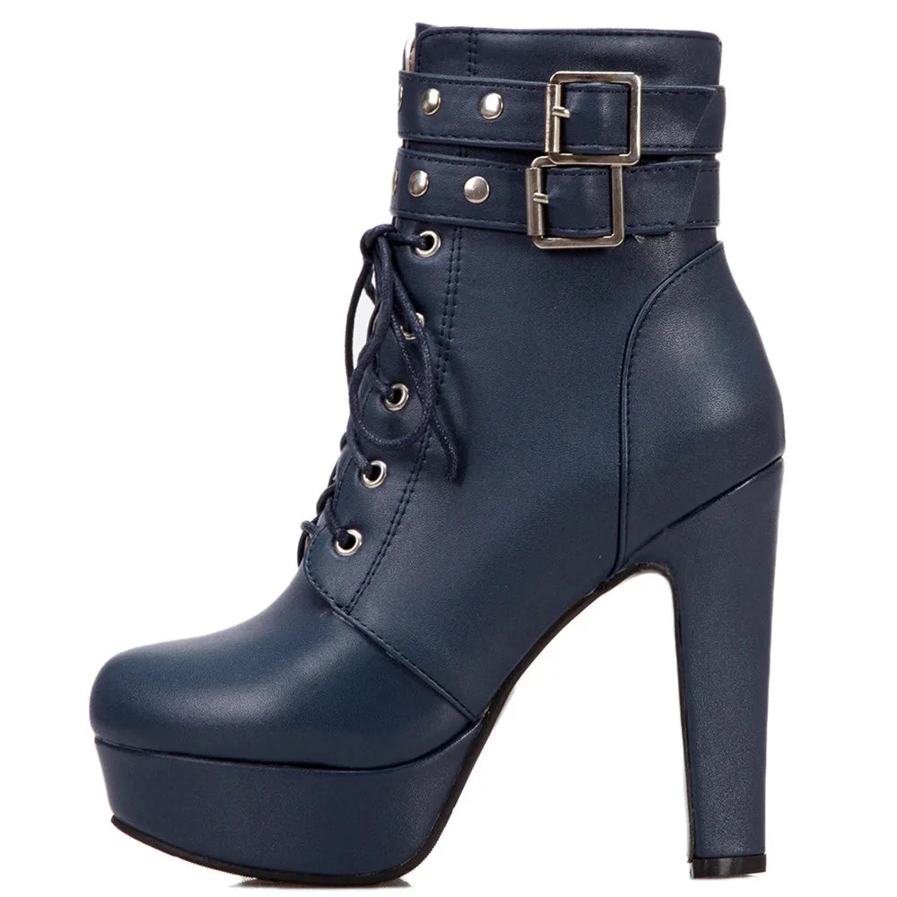 Women Ankle Boots Platform Lace-Up High Heels Short Boot Female Buckle Autumn Winter Red Yellow White Sexy Shoes Large Size34-46