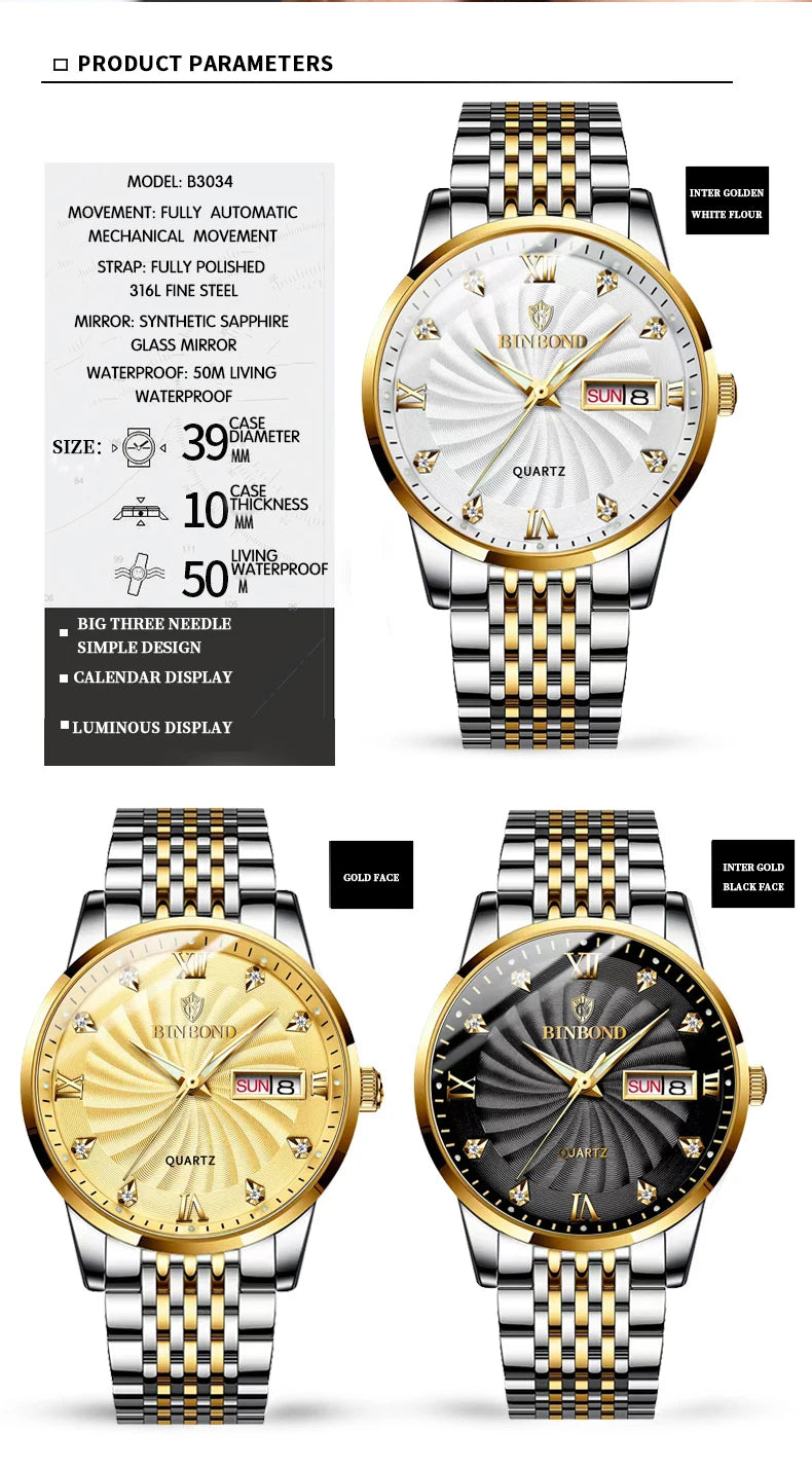 BINBOND Quartz Watches for Men Luxury Luminous Waterproof Precise Auto Date Week Display Men's Watch Casual Sturdy Reloj
