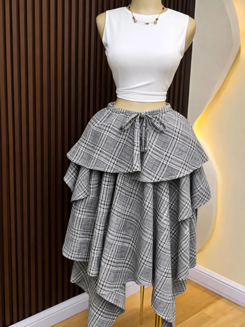 New African Fashion Sweet Checkered Print Skirt Women Summer Streetwear Irregular Patchwork High Waisted Skirt Female Bottoms