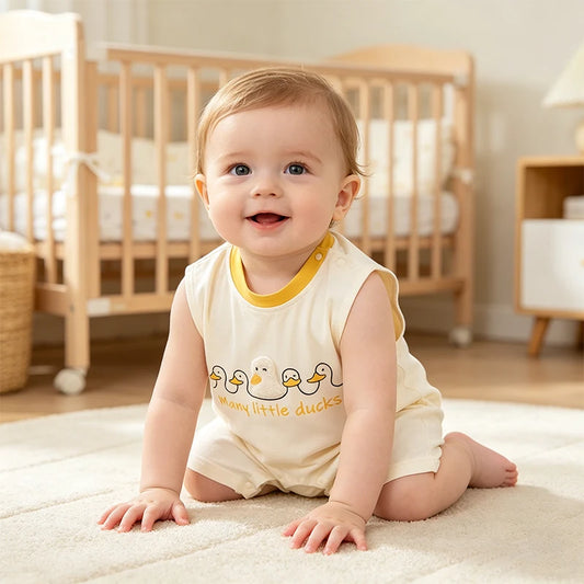 Baby Sleeveless Romper Boys Cute Duck Print Cotton Summer Jumpsuit Girls Soft Breathable One-Piece Outfit with Snap Closure