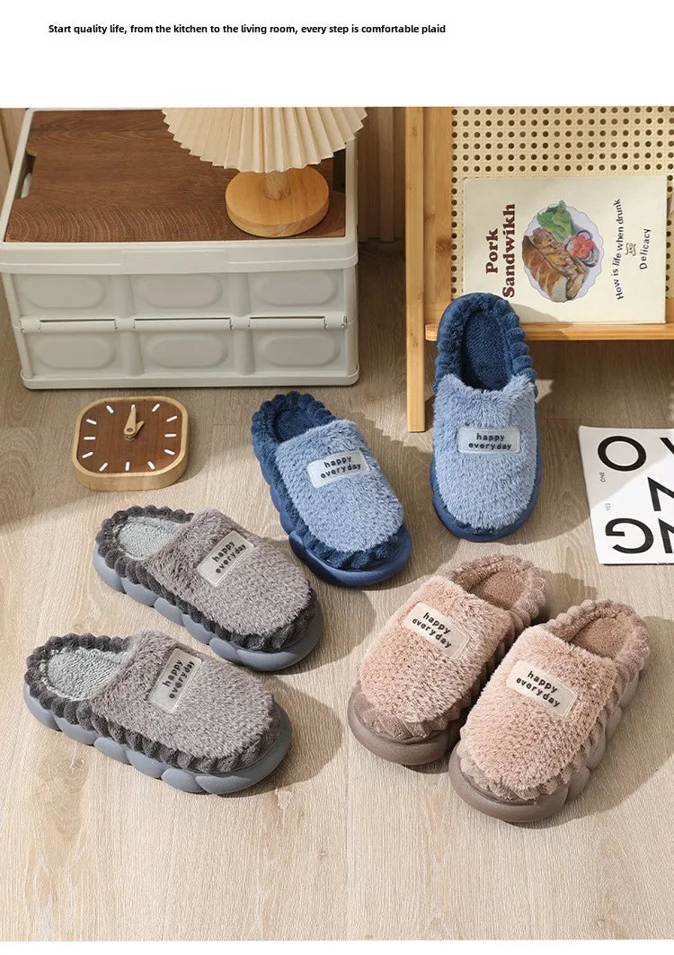 Man slippers home furry thick bottom slides designer winter warm velvet mens slippers blue cotton slipper males shoes
