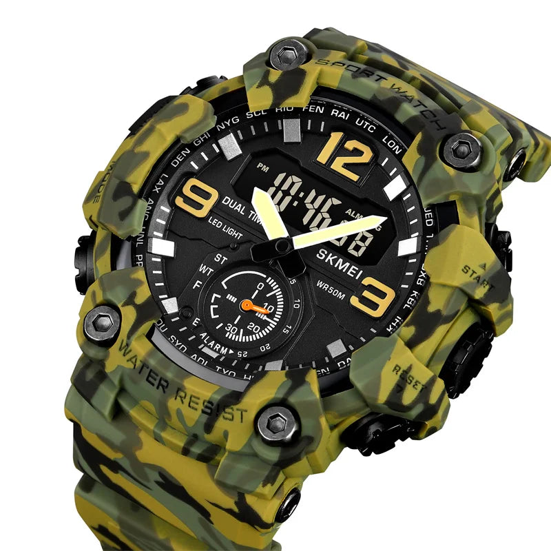 Skmei Men's Military Sport's Wristwatch Fashion Big Size Dial Quartz Analog Three Time Zone Male Led Waterproof Stop Watches