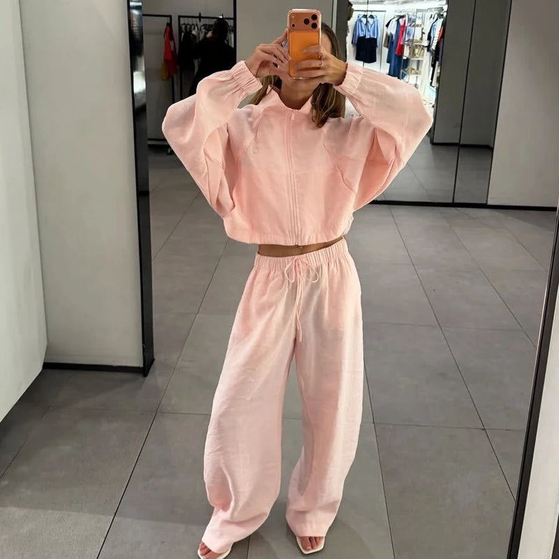 HXAO Women's 2 Piece Tracksuit Set Cropped Jacket Pants Sets Summer Long Sleeve Zip Up Top Wide Leg Trouser Suit Pink Sportswear