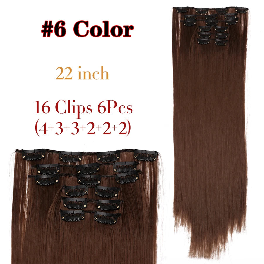 22 Inches Synthetic Long Straight Hairstyle 16 Clips 6Pcs/Set Hair Extensions Blonde Black Hairpieces Heat Resistant For Women